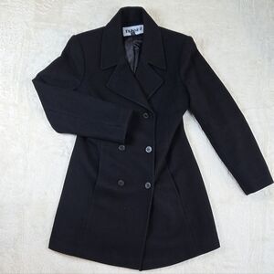 Vtg TRENDZ Black Wool Blend Double-Breasted Pea Coat Sz.S Dark Academia Car Coat